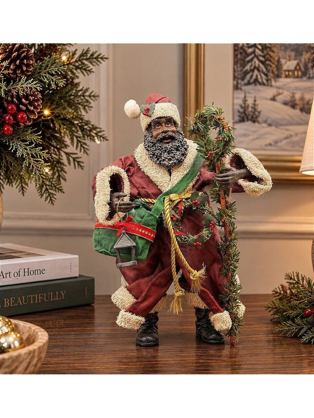 Vintage 11" Style African American Santa Claus Figurine w Wreath & Lantern Boxed